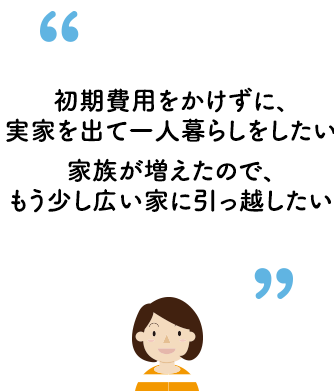 初期費用をかけずに、実家を出て一人暮らしをしたい、家族が増えたので、もう少し広い家に引っ越したい